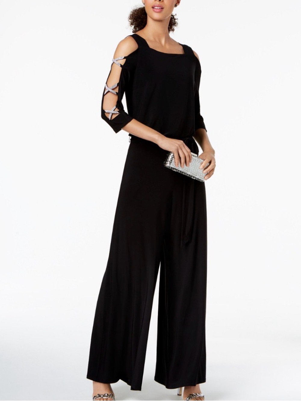 MSK Black Cold-Shoulder Wide-Leg Jumpsuit with Bow-Accent Sleeves